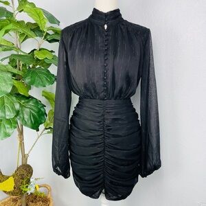 NWT House of Harlow 1960 BLACK CHIFFON Long Sleeve Ruched Mini Dress